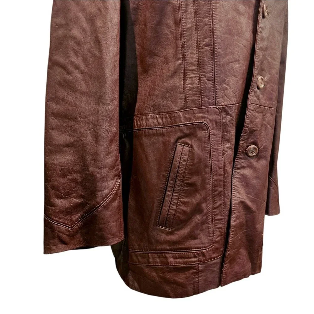 70s Dark Cherry Red Brown Leather‎ Coat Removable Sherpa Liner Sz 50 XL Disco